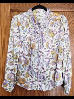Fate Floral Tie-Neck Blouse - White with Yellow & Lavender